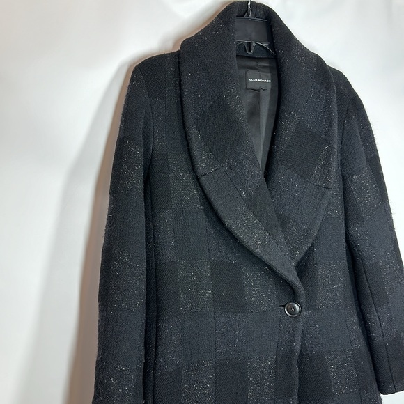 Club Monaco | Women’s Black Block Print Black Wool Coat Jacket - Picture 2 of 9